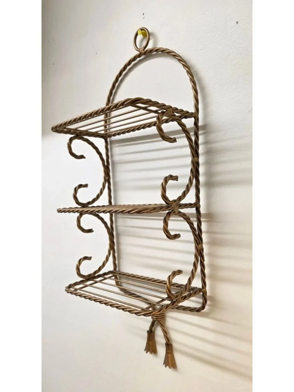 Vintage 3 Tier Twisted Rope Gold Tone Metal Wall Shelf Hollywood Regency Style